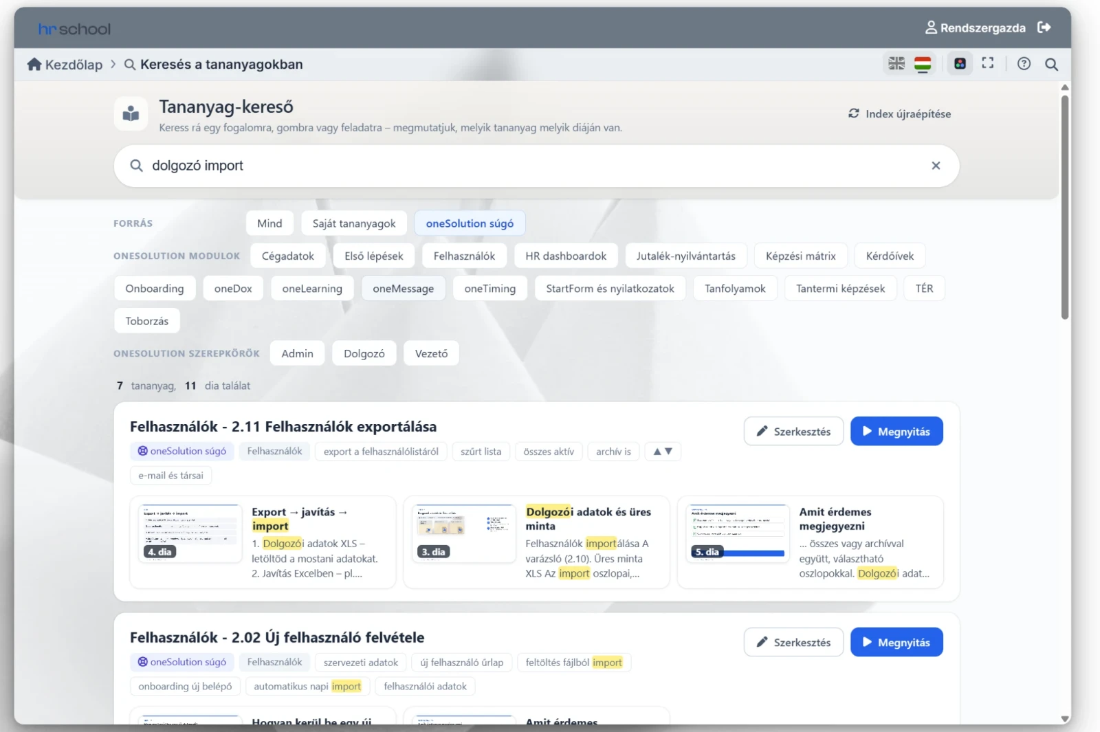 The course search: for an employee import query the help lessons and the exact slides within them appear, with highlighted hits
